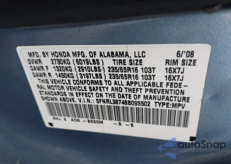 2008 Honda Odyssey Ex-L from USA, damaged, VIN 5FNRL38748B095502